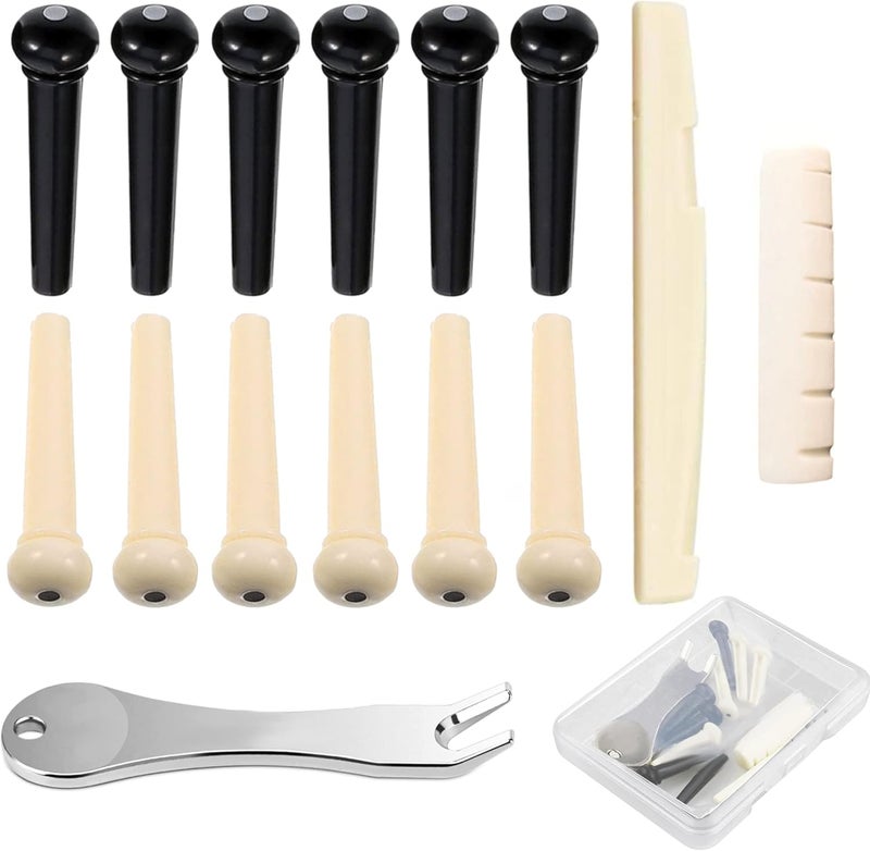 RUSON 12 Pcs Acoustic Guitar Bridge Pins with Bridge Pin Puller Remover & Guitar Bridge Saddle Nut, Guitar Pegs Replacement Parts and Accessories - Image 1